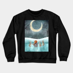 Nordic she gnome and rabbits in the snow, night forest watercolor illustration. Moonlight winter enchanted forest. Crewneck Sweatshirt